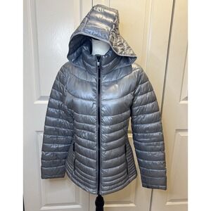 Calvin Klein Metalic Packable Down Light Puffer Coat Jacket L Quilted Hooded 7°